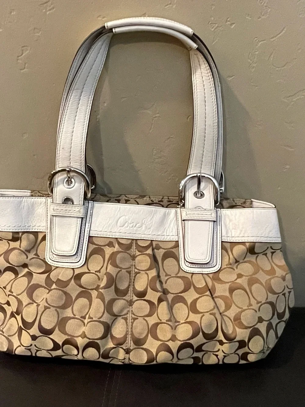 Coach Beige and White Signature Shoulder Bag